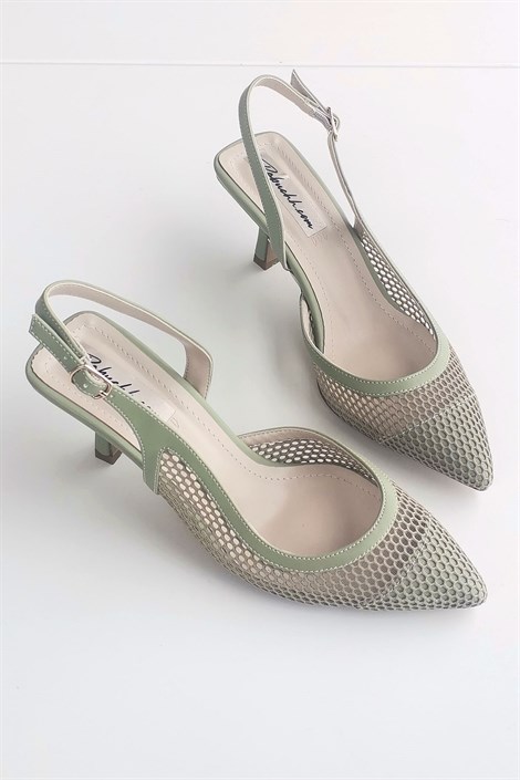 Asel Kadın Deri File Detay Arka Açık Topuklu Ayakkabı Yosun Yeşili