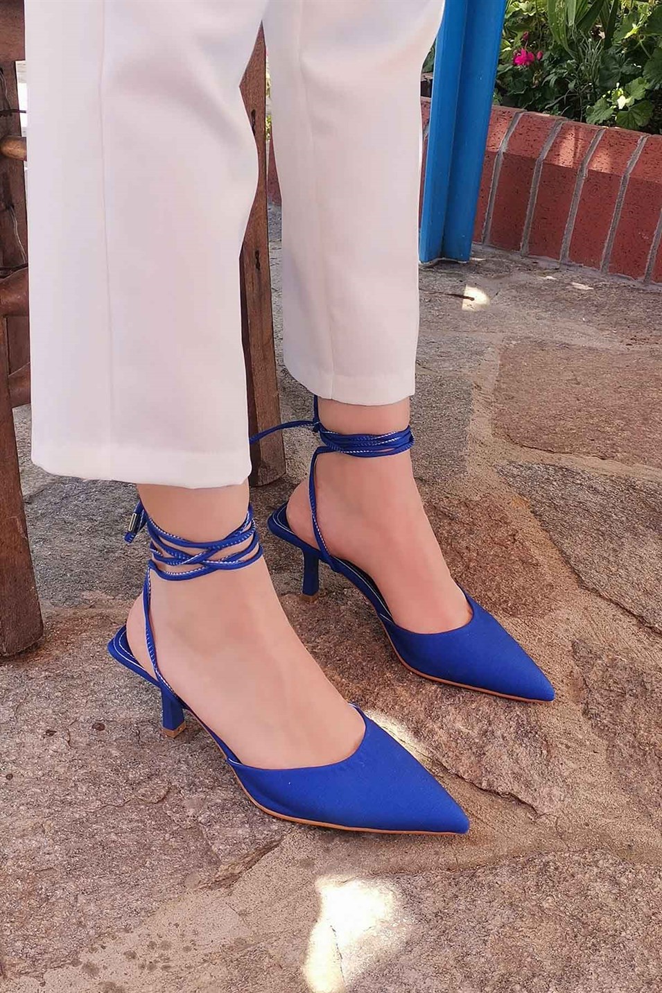 Felipe Kadın Saten Bilekten Bağcıklı Topuklu Ayakkabı Saks Mavi
