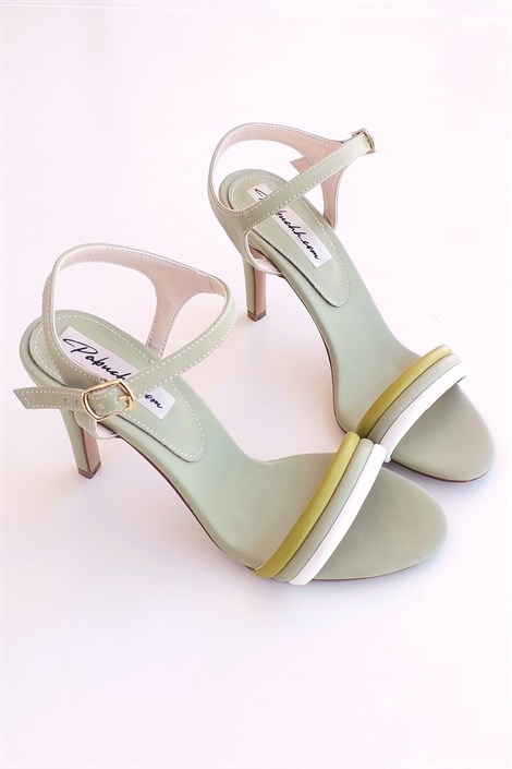 Pika Kadın Deri İnce Bant Ucu Açık Topuklu Ayakkabı Yosun Yeşili Beyaz