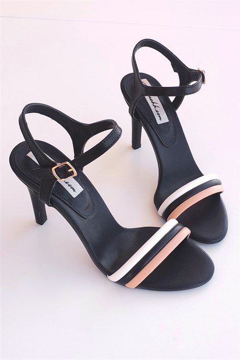 Pika Kadın Deri İnce Bant Ucu Açık Topuklu Ayakkabı Siyah Nude
