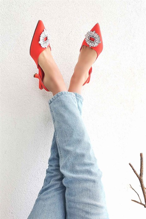 Summer Kadın Kumaş Taş Toka Detay Arka Açık Topuklu Ayakkabı Oranj