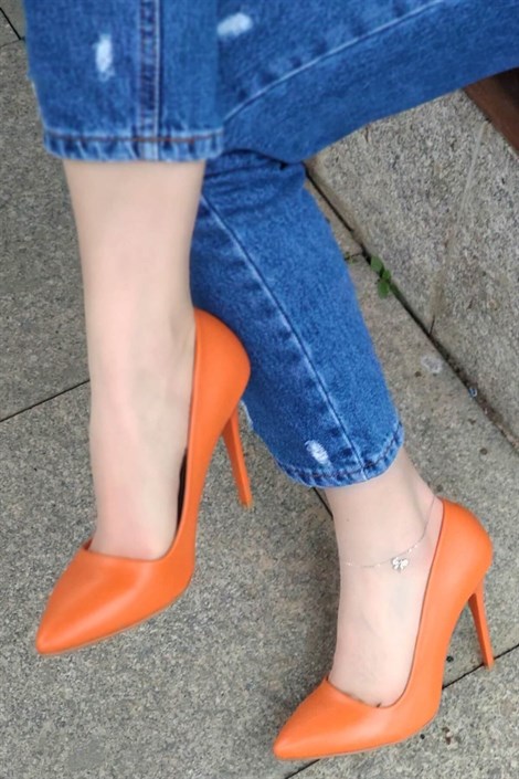 Amore Kadın Deri İnce Topuklu Stiletto-Oranj