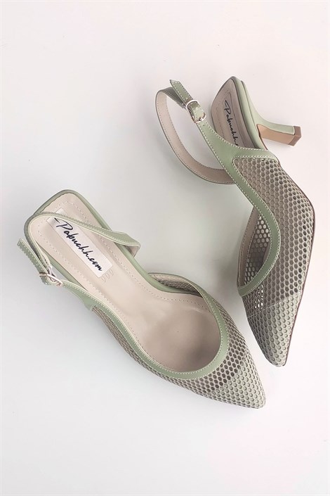 Asel Kadın Deri File Detay Arka Açık Topuklu Ayakkabı Yosun Yeşili