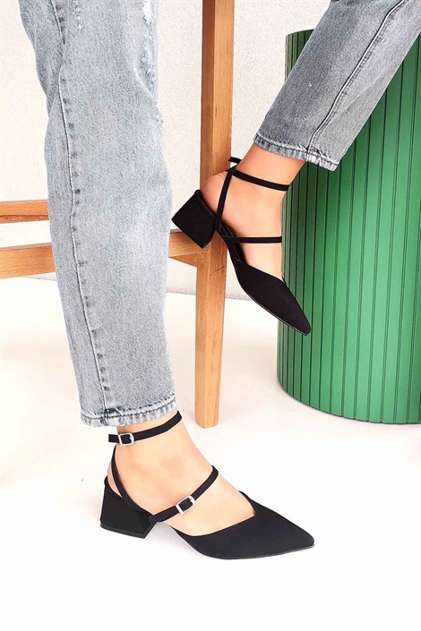 Bianca Kadın Saten Bilek Bağlamalı Kalın Topuklu Ayakkabı Siyah
