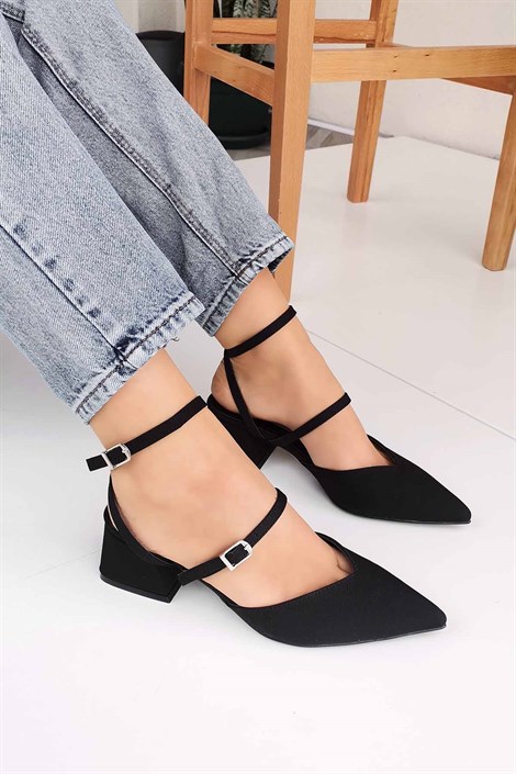 Bianca Kadın Saten Bilek Bağlamalı Kalın Topuklu Ayakkabı Siyah