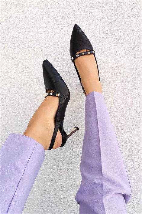 Dream Kadın Deri Zımba Detay Topuklu Ayakkabı Siyah