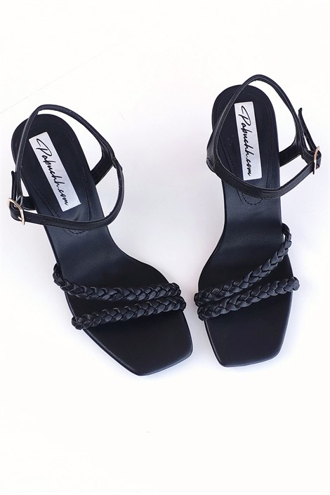 Edu Kadın Deri Örgü Detay İnce Bant Topuklu Ayakkabı Siyah
