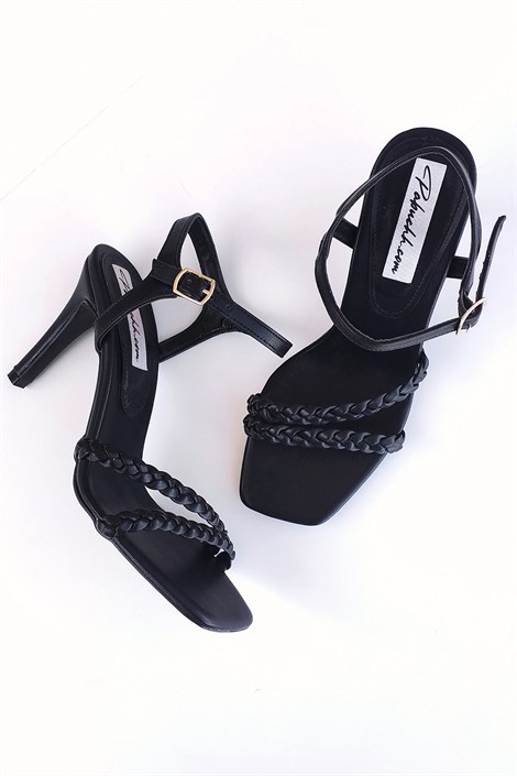 Edu Kadın Deri Örgü Detay İnce Bant Topuklu Ayakkabı Siyah