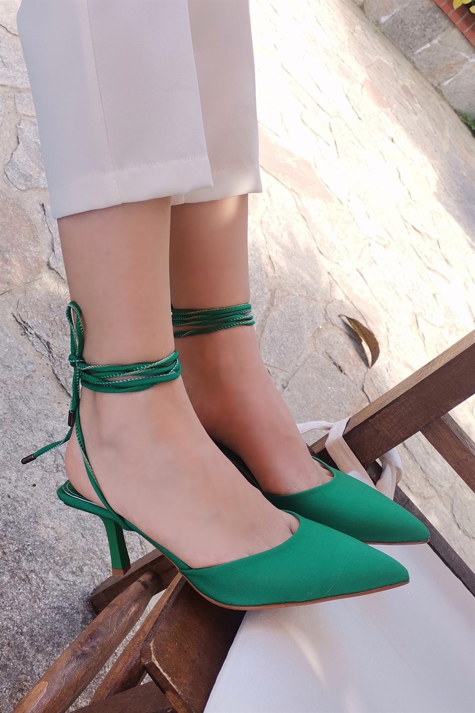 Felipe Kadın Saten Bilekten Bağcıklı Topuklu Ayakkabı Yeşil