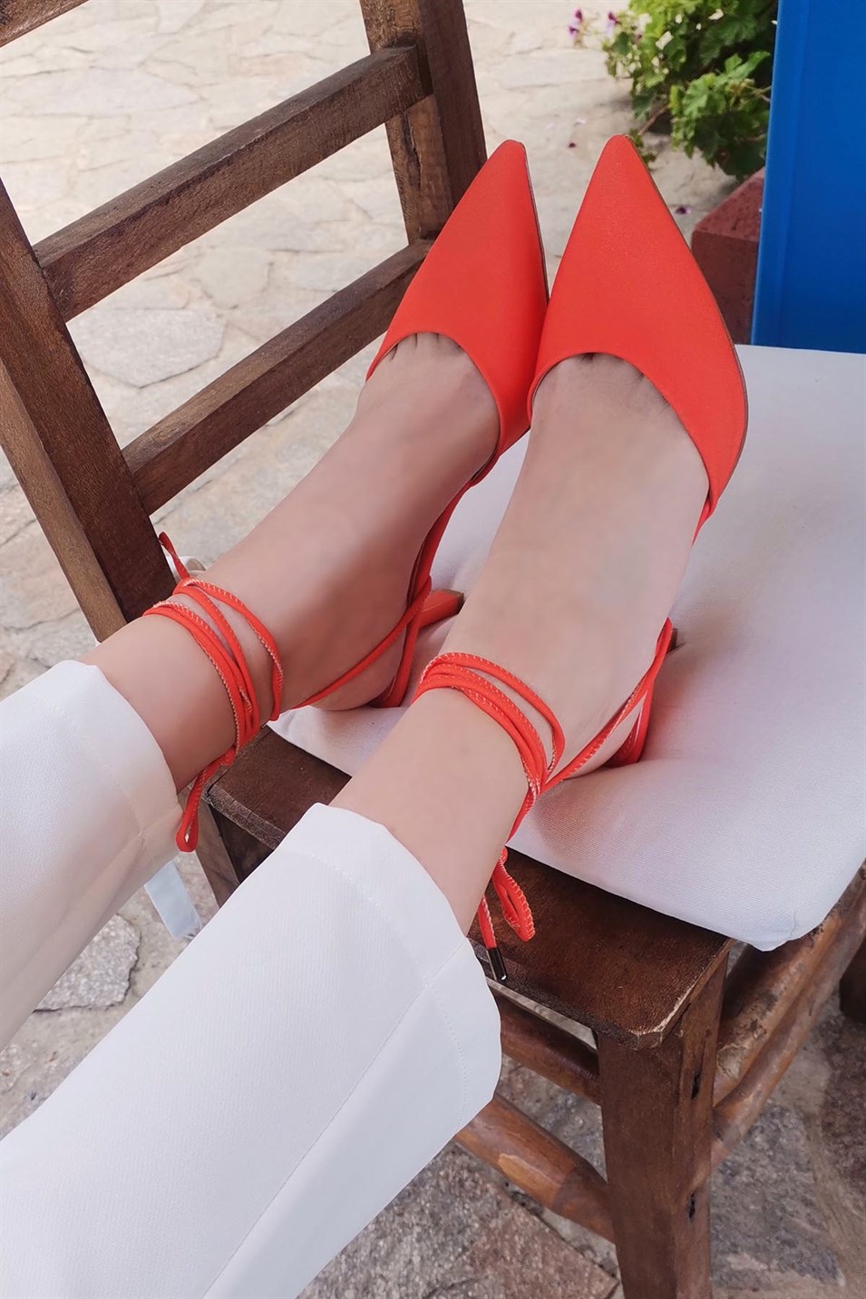 Felipe Kadın Saten Bilekten Bağcıklı Topuklu Ayakkabı Oranj