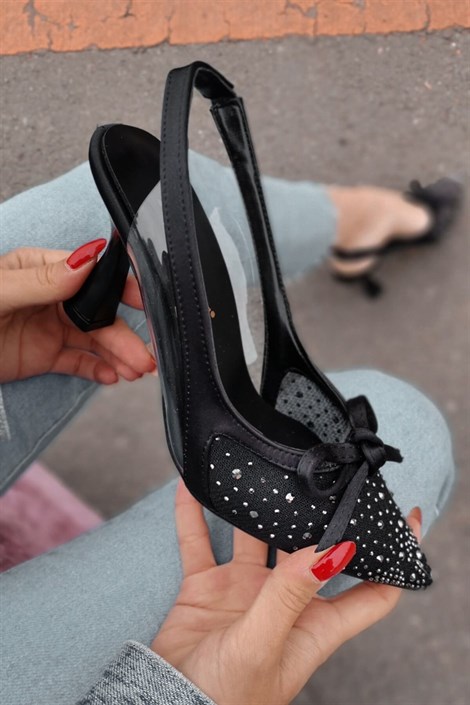 Franny Kadın Saten Taş Detaylı Fiyonklu Kalın Topuklu Ayakkabı Siyah