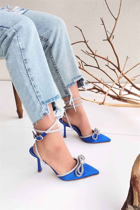 Joe Kadın Taş Detaylı Topuklu Saten Ayakkabı Saks Mavi