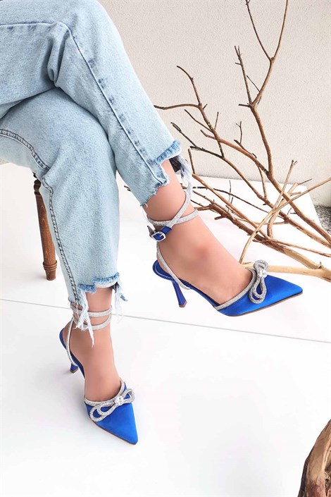 Joe Kadın Taş Detaylı Topuklu Saten Ayakkabı Saks Mavi