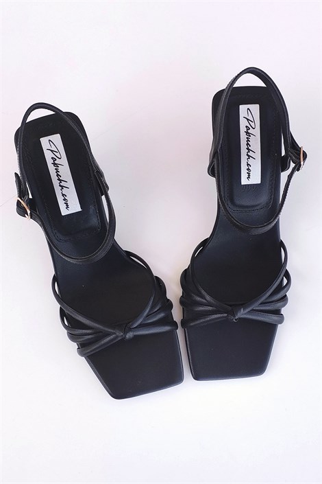 Lugano Kadın Deri Boğumlu Bantlı Topuklu Ayakkabı Siyah