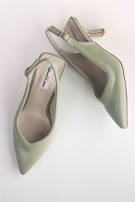 Paul Kadın Deri Önü Kapalı Arka Açık Topuklu Ayakkabı Yosun Yeşili