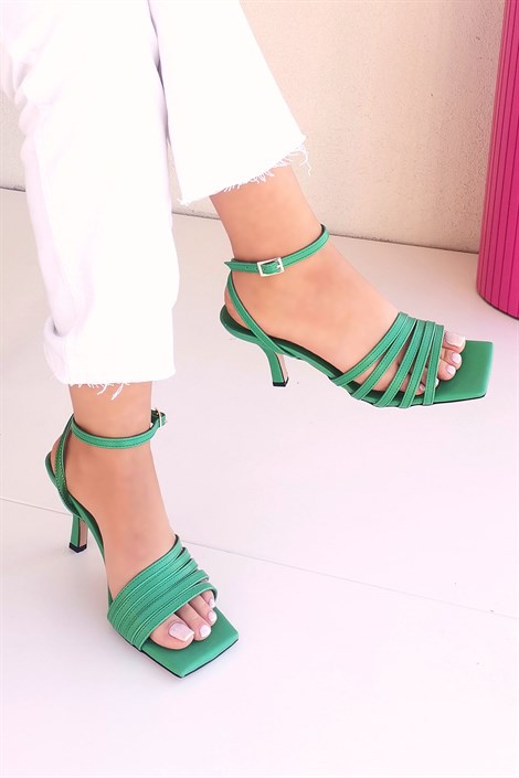 Peter Kadın Deri İnce Bantlı Topuklu Ayakkabı Yeşil