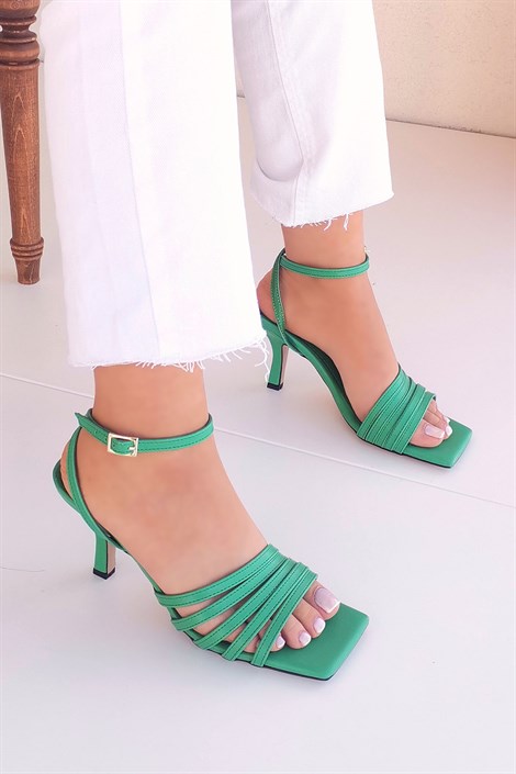 Peter Kadın Deri İnce Bantlı Topuklu Ayakkabı Yeşil