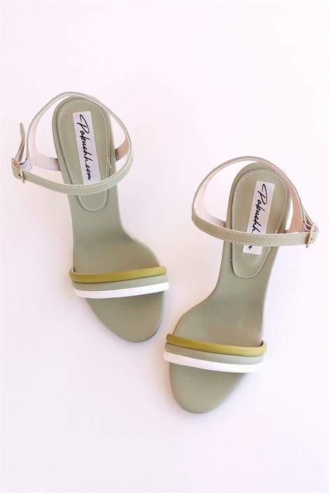 Pika Kadın Deri İnce Bant Ucu Açık Topuklu Ayakkabı Yosun Yeşili Beyaz