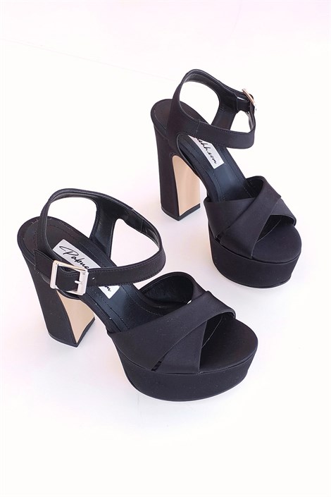 Rosa Kadın Saten Çapraz Bantlı Platform Topuklu Ayakkabı Siyah