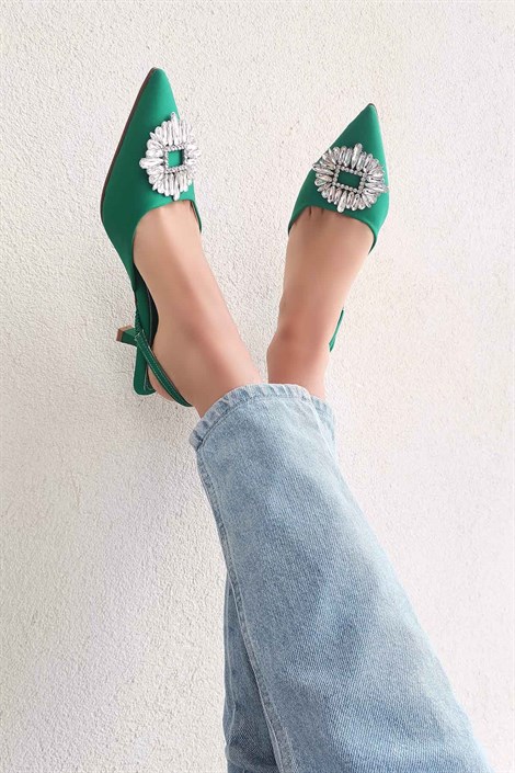 Summer Kadın Kumaş Taş Toka Detay Arka Açık Topuklu Ayakkabı Çimen Yeşili