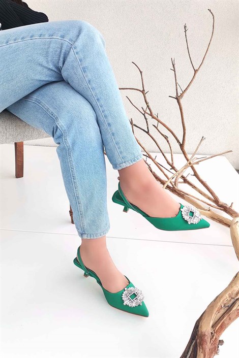 Summer Kadın Kumaş Taş Toka Detay Arka Açık Topuklu Ayakkabı Çimen Yeşili