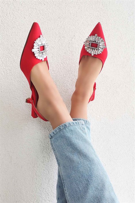 Summer Kadın Kumaş Taş Toka Detay Arka Açık Topuklu Ayakkabı Nar Çiçeği