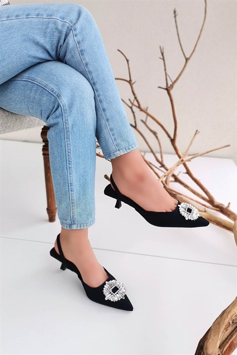 Summer Kadın Kumaş Taş Toka Detay Arka Açık Topuklu Ayakkabı Siyah